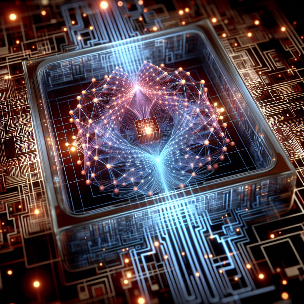 Futuristisk kvantedatamaskin med lysende qubits og abstrakt netting som visualiserer superposisjon og sammenfiltring, rent og moderne