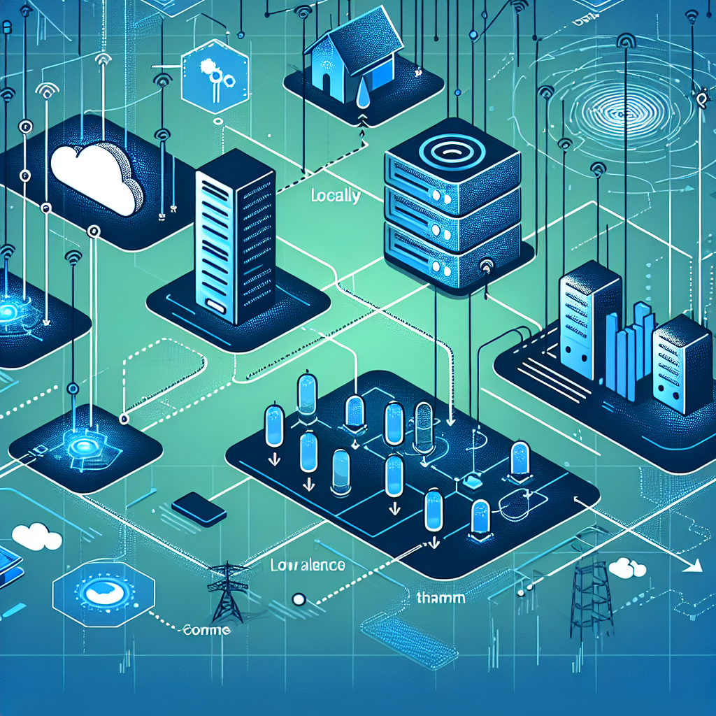 Illustrasjon av edge computing: et nettverk av IoT-enheter og små servernoder som behandler data lokalt, med linjer som viser lav latency, moderne stil og blå-grønt fargepalett
