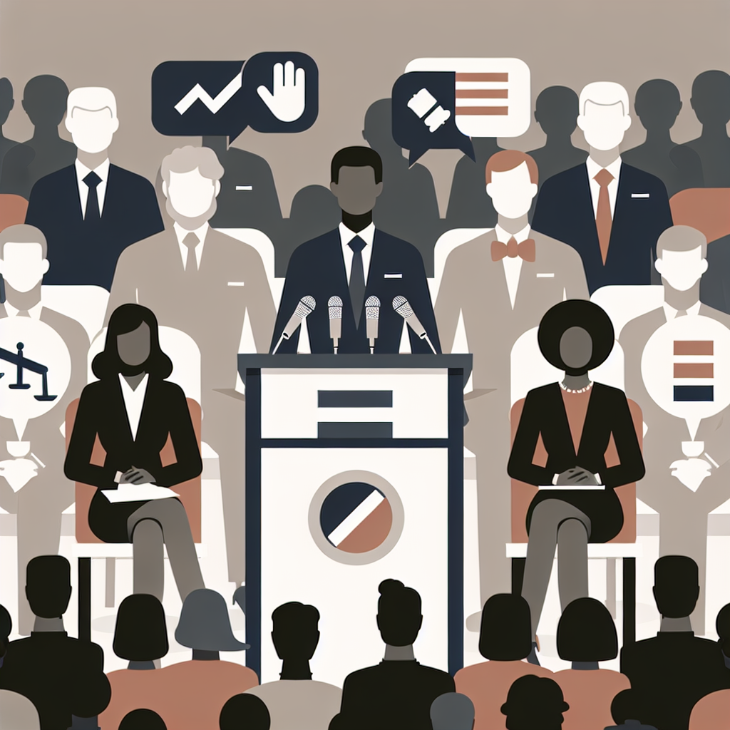 Illustrasjon av politisk debatt: folkemengde, talerstol og symboler for demokrati i nøytrale farger, moderne vektorstil